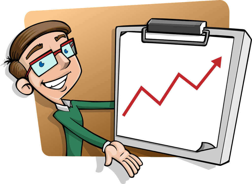 cartoon man with glasses holding paper with graph increase